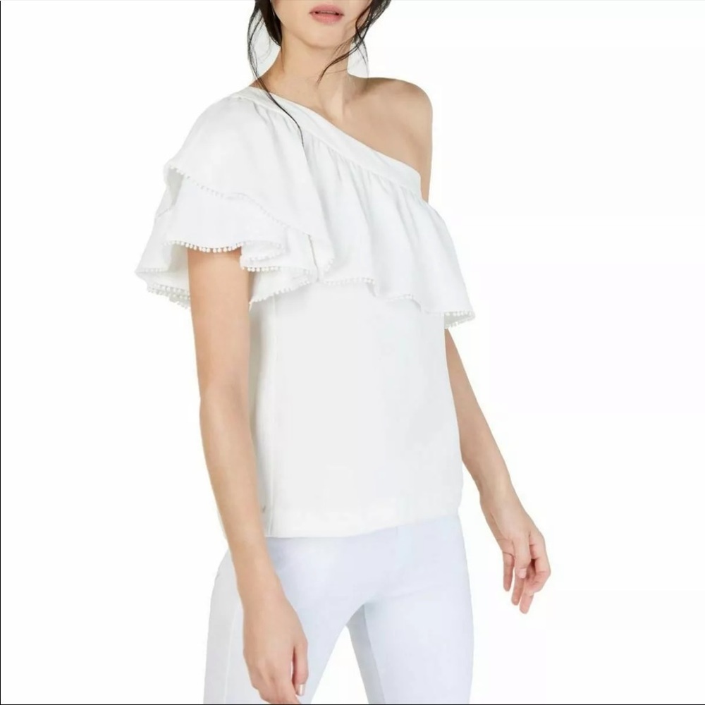 TRINA TURK Women's White One-shoulder Ruffled Blouse Shirt Top